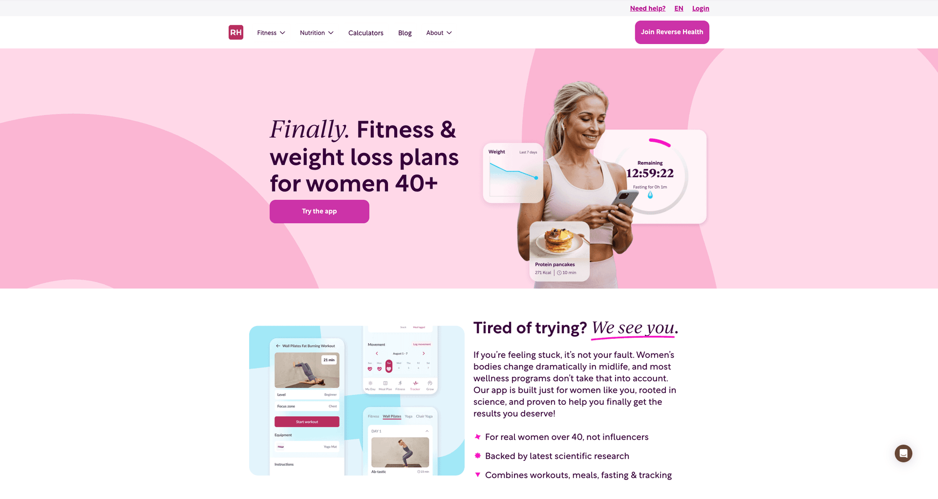 Reverse Health website promoting fitness and weight loss plans for women 40+