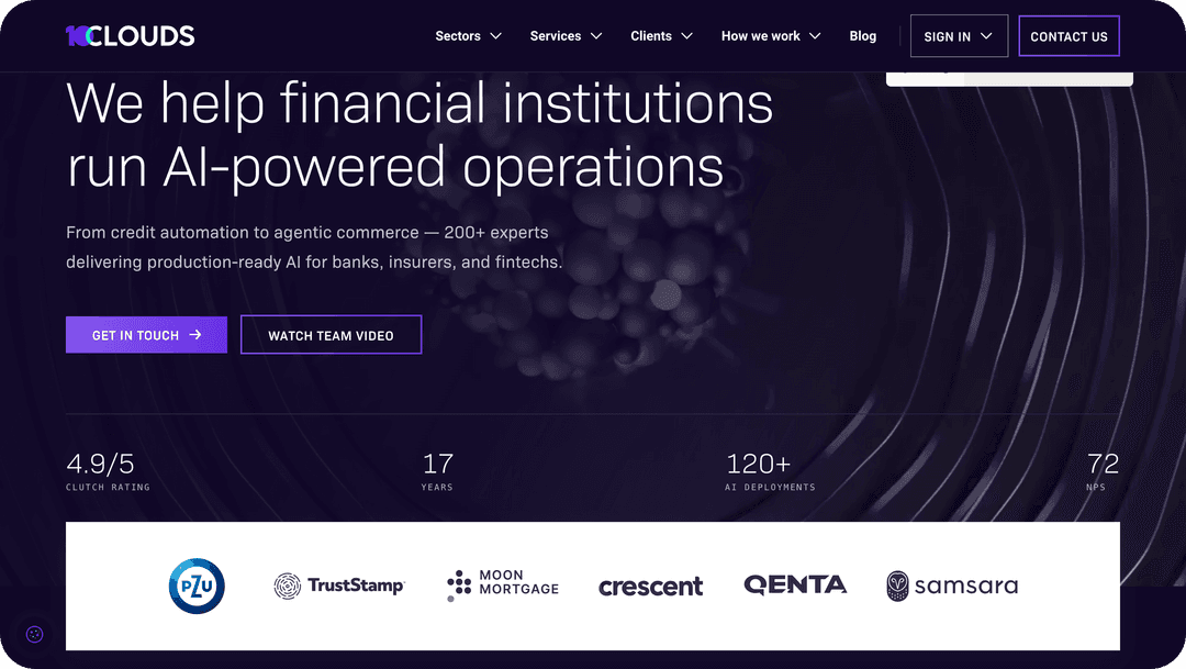 Kclouds website homepage with dark background showing headline "We help financial institutions run AI-powered operations," na
