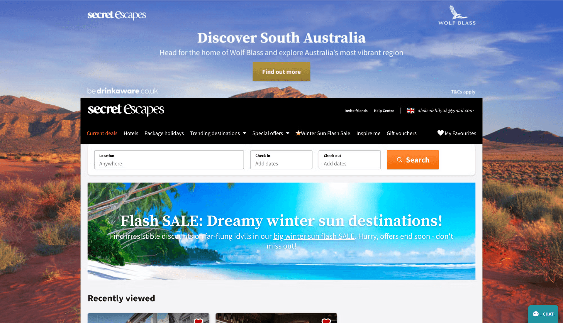 Secret Escapes travel website homepage featuring Discover South Australia banner