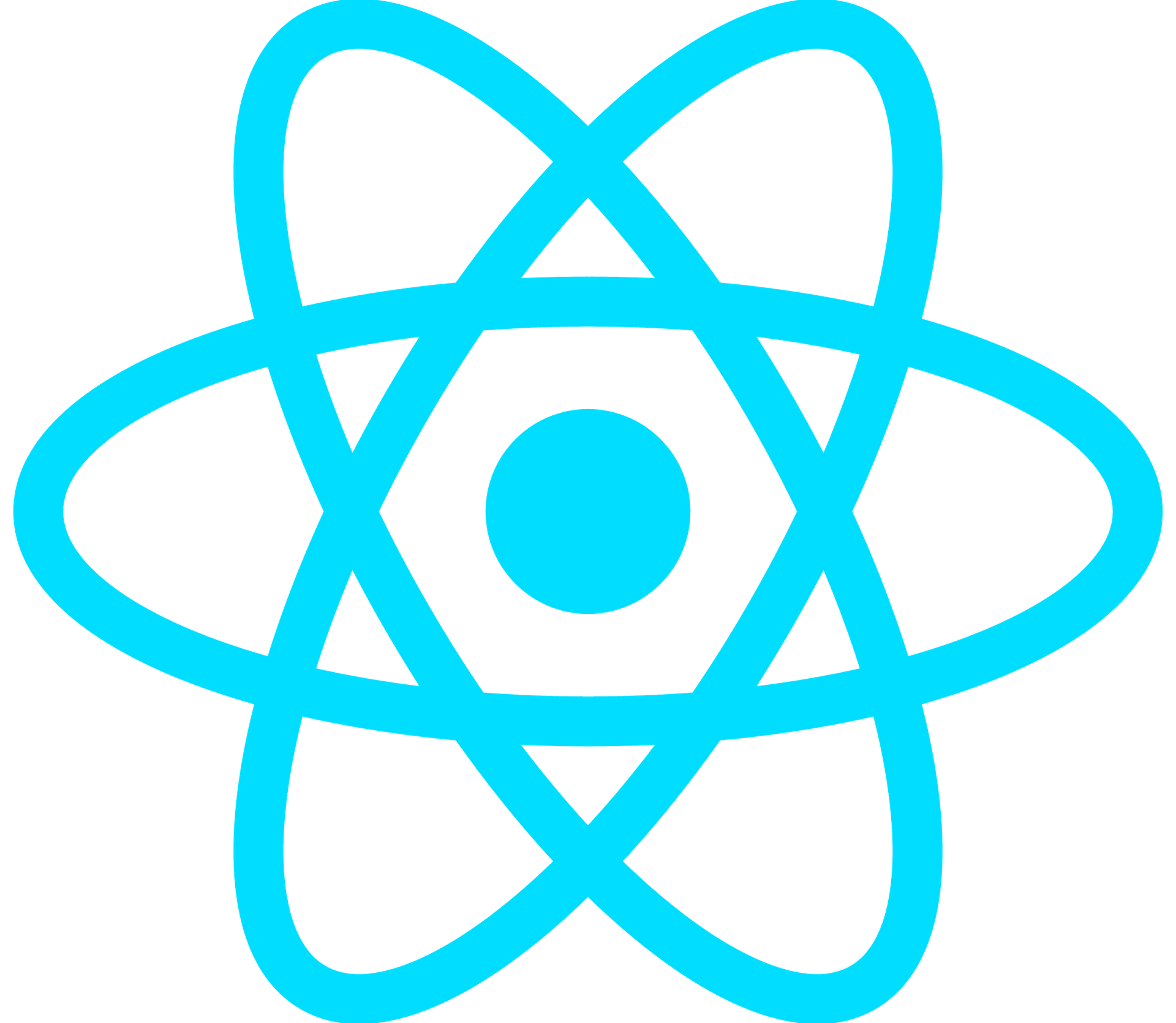 React logo, cyan atom symbol with orbiting electrons on white background