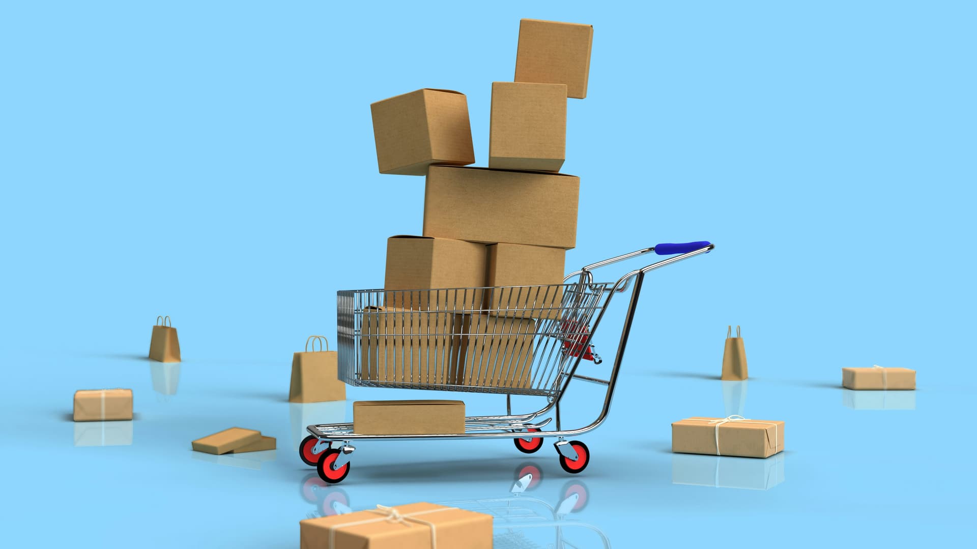 Shopping cart overflowing with cardboard boxes on blue background