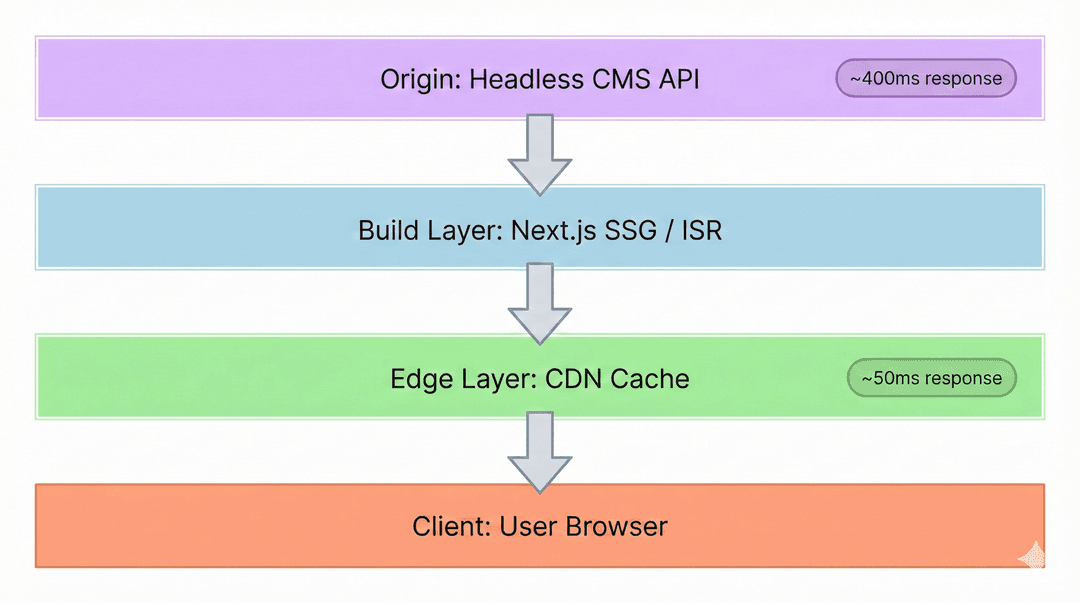 Layered diagram showing how content flows through a headless CMS caching architecture, from CMS API origin through Next.js build layer and CDN edge cache to the user's browser, with response times noted at each layer