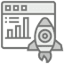 Grayscale icon of rocket launching beside a browser with bar chart