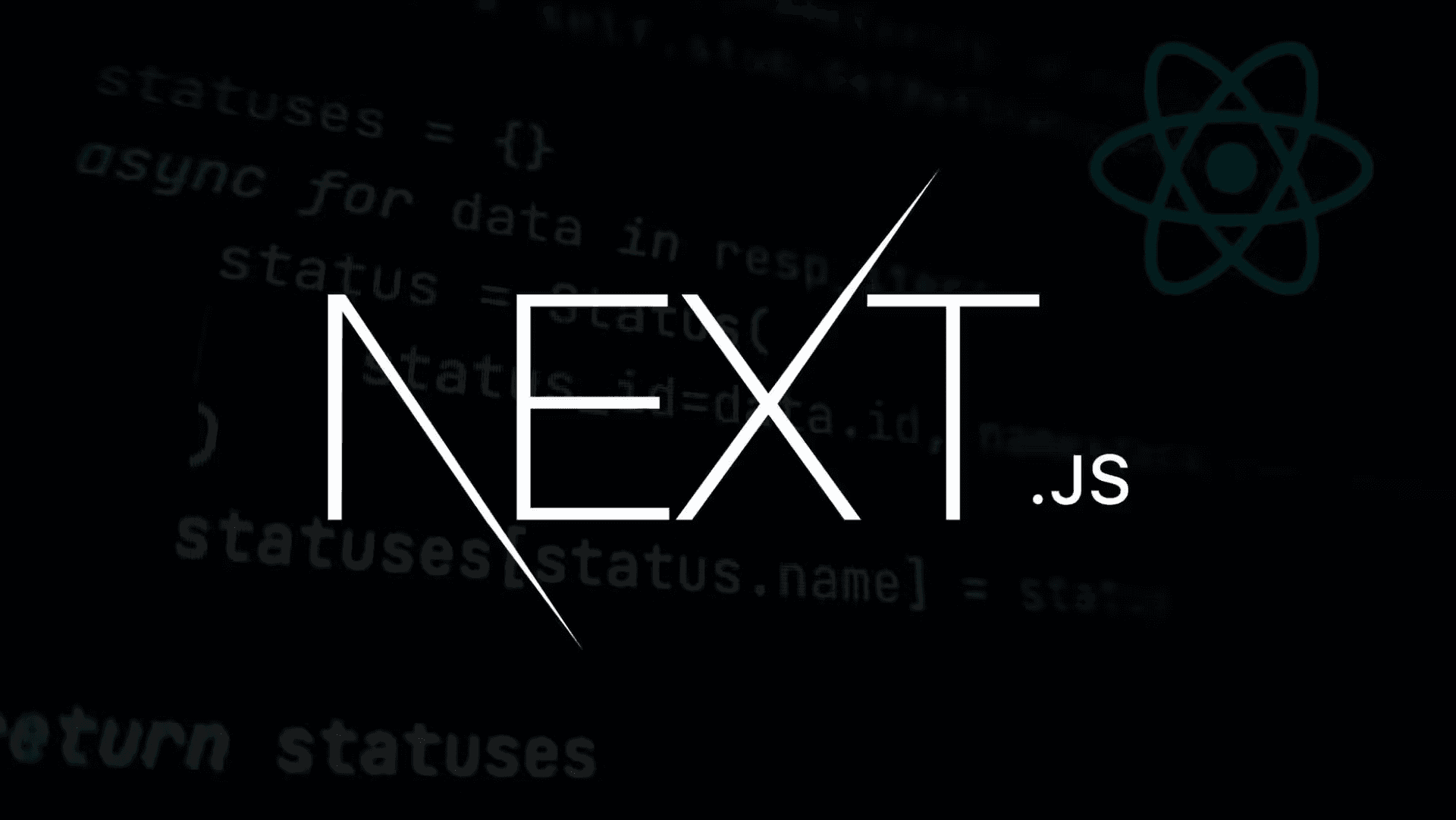 Next.js and React logos over dark code editor background