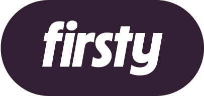 Firsty logo in white text on dark purple oval background
