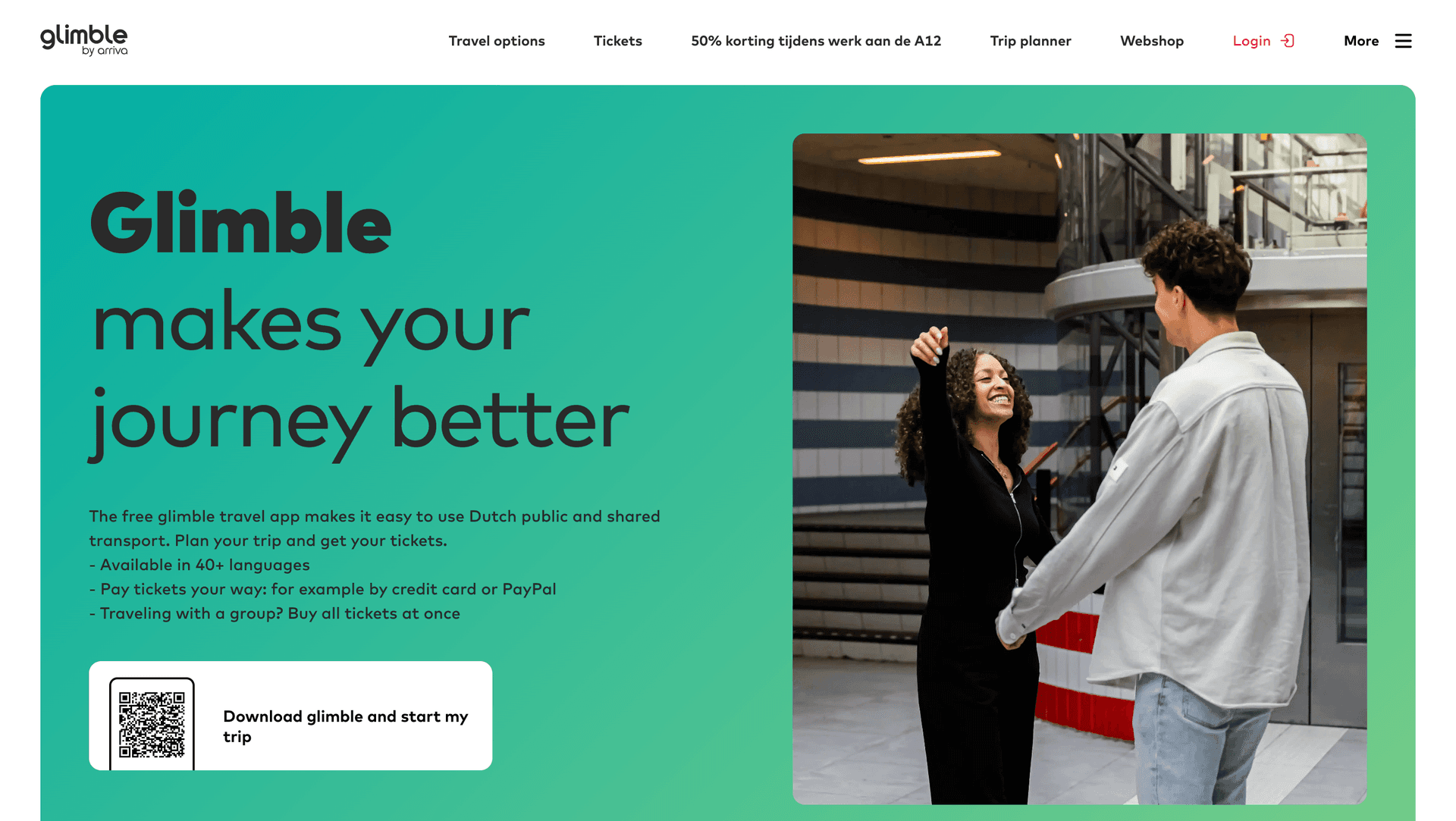 Glimble app homepage with slogan and a smiling couple holding hands in a modern transit station.
