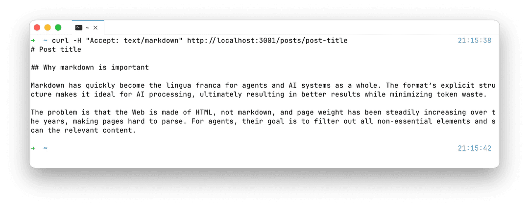 curl with Accept: text/markdown returning a clean Markdown body from the same URL a browser would get HTML for|697x273