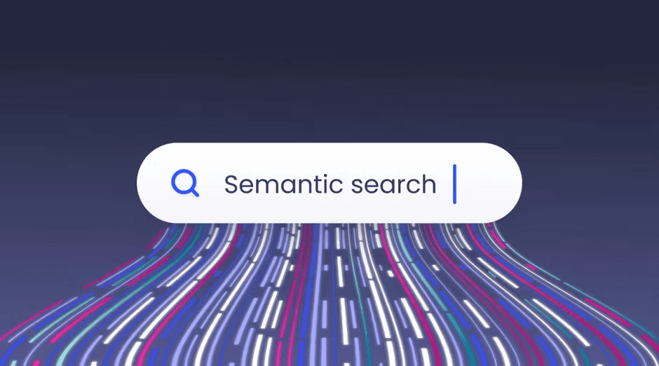 Semantic search bar with colorful data streams on dark background