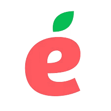 Eatery app logo, pink letter e with green leaf