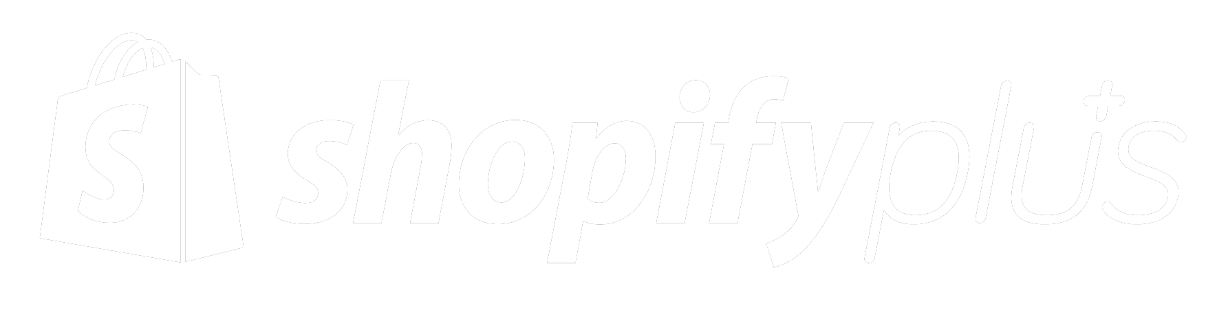 Shopify Plus logo with shopping bag icon and wordmark in white