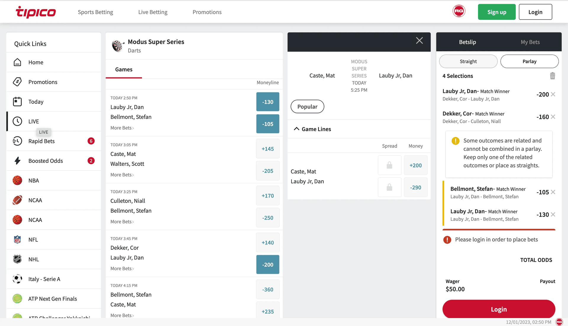 Tipico sportsbook interface showing soccer match odds and bet slip