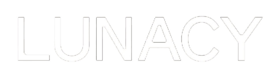 White uppercase text “LUNACY” on a solid black background.