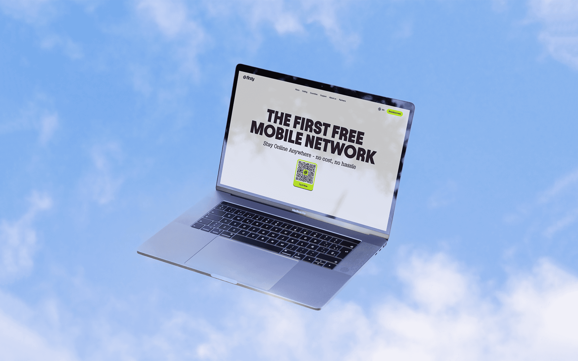 Laptop floating in clouds showing Firstly free mobile network website