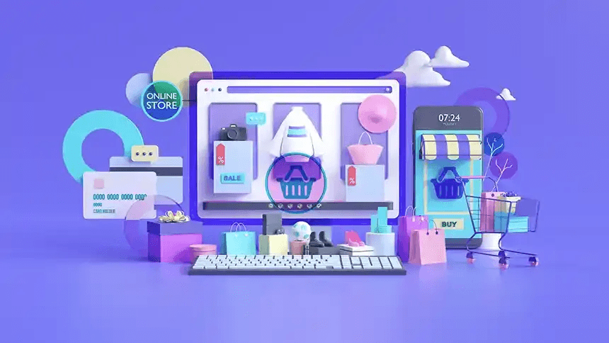 3D illustration of e-commerce storefront with shopping icons on purple background