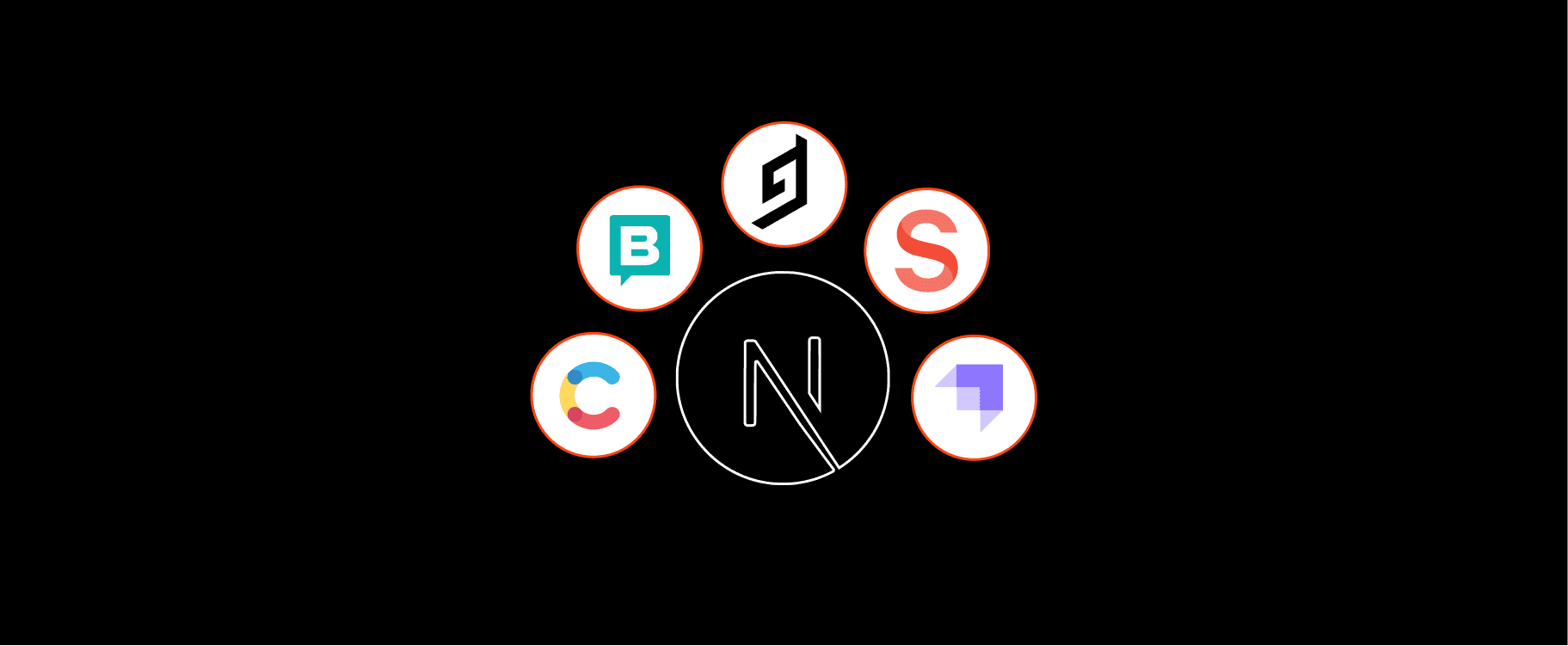 Next.js logo surrounded by CMS platform icons on dark background