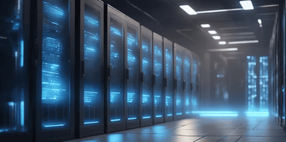 Server room corridor with blue-lit rack cabinets in dark data center