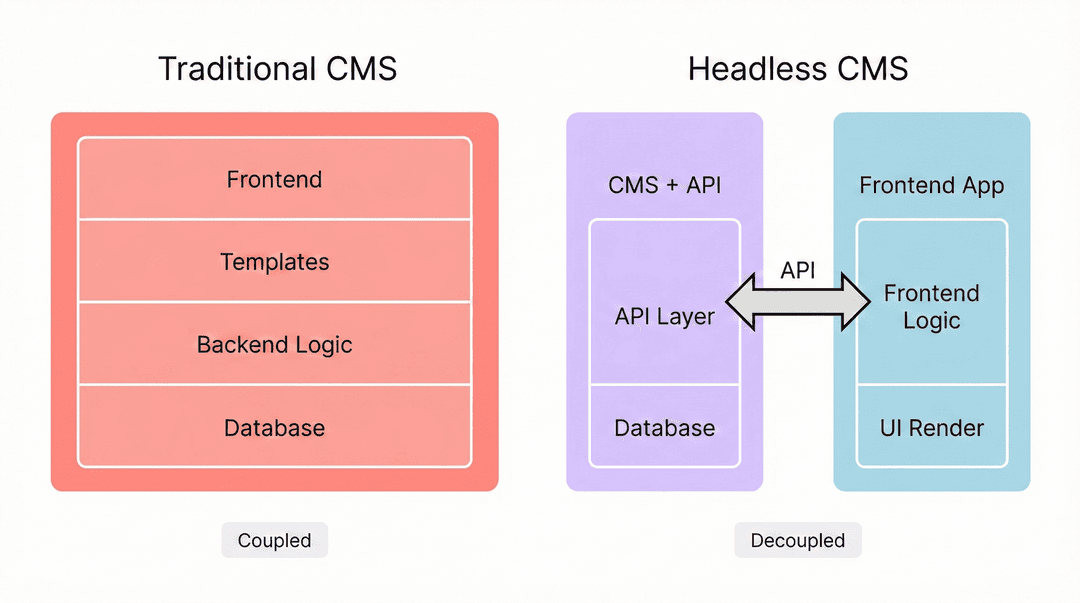 Side-by-side comparison of traditional CMS architecture as a single monolithic block versus headless CMS architecture as two separate decoupled systems connected by an API
