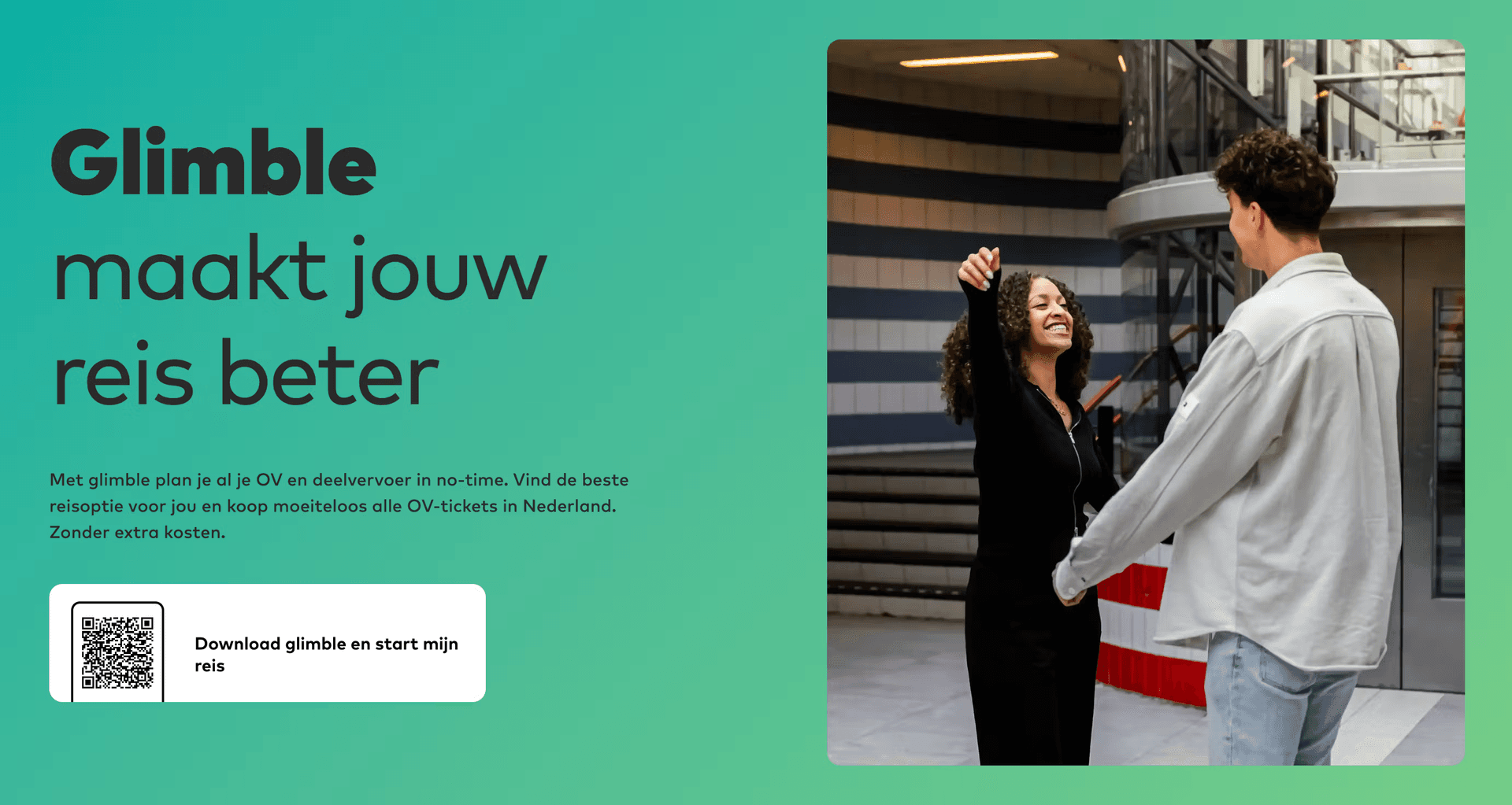Glimble transit app landing page with QR code and two people interacting