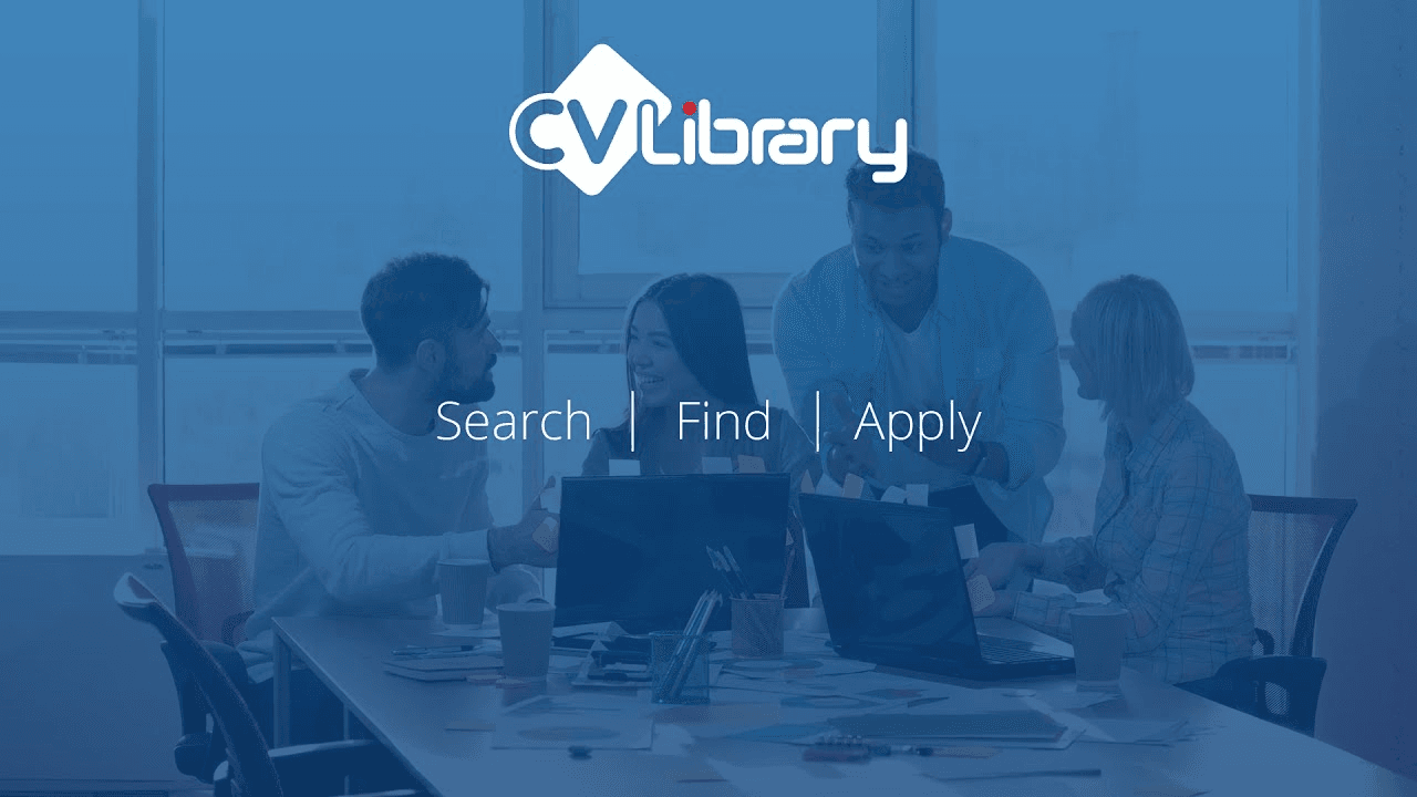 CV-Library website with team meeting photo and Search Find Apply tagline