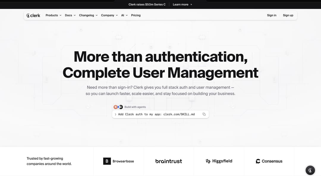 Clerk website homepage displaying navigation menu, headline "More than authentication, Complete User Management" with descrip