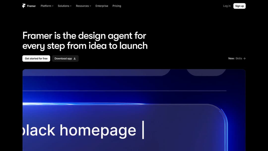 Framer website homepage with navigation menu, headline text, call-to-action buttons, and blue gradient design interface backg