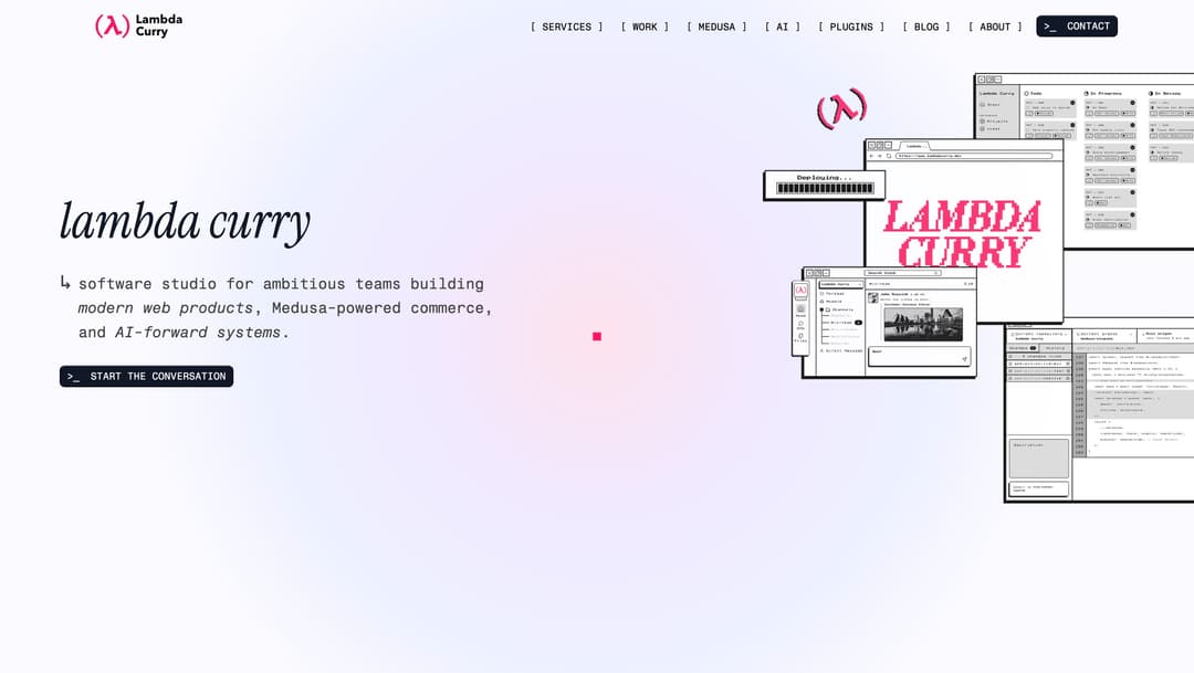 Lambda Curry website homepage displaying software studio branding with tagline, descriptive text about modern web products an