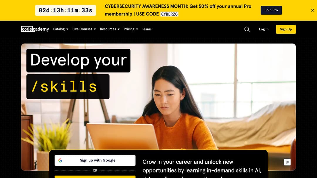 Woman in orange sweater using orange laptop in bright room with text "Develop your /skills" overlaid, promoting CodeCademy sk