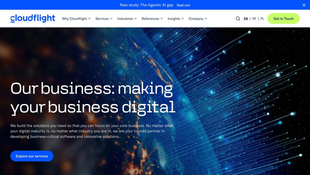 Cloudflight website homepage featuring abstract blue digital network visualization with glowing data points and lines, overla