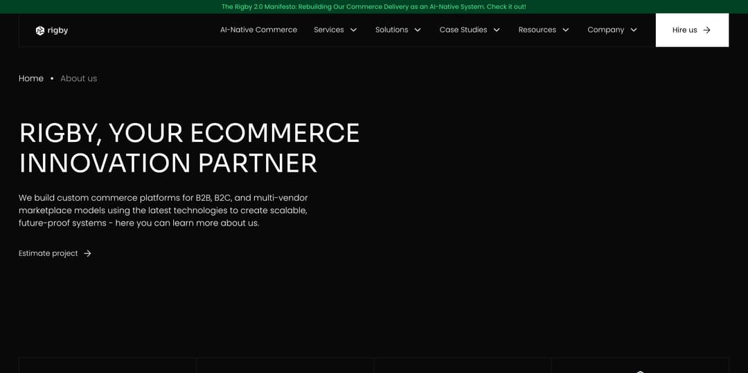 Rigby website homepage with navigation menu, headline "Rigby, Your Ecommerce Innovation Partner," and description of custom c