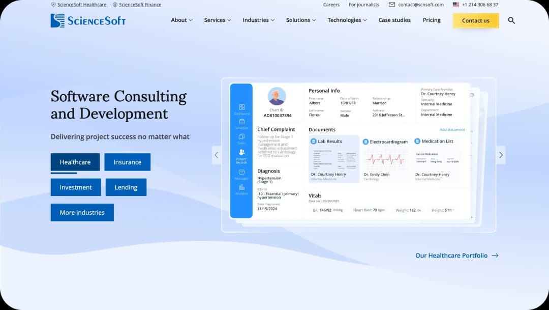 ScienceSoft website homepage showcasing software consulting and development services with a healthcare EHR system interface d