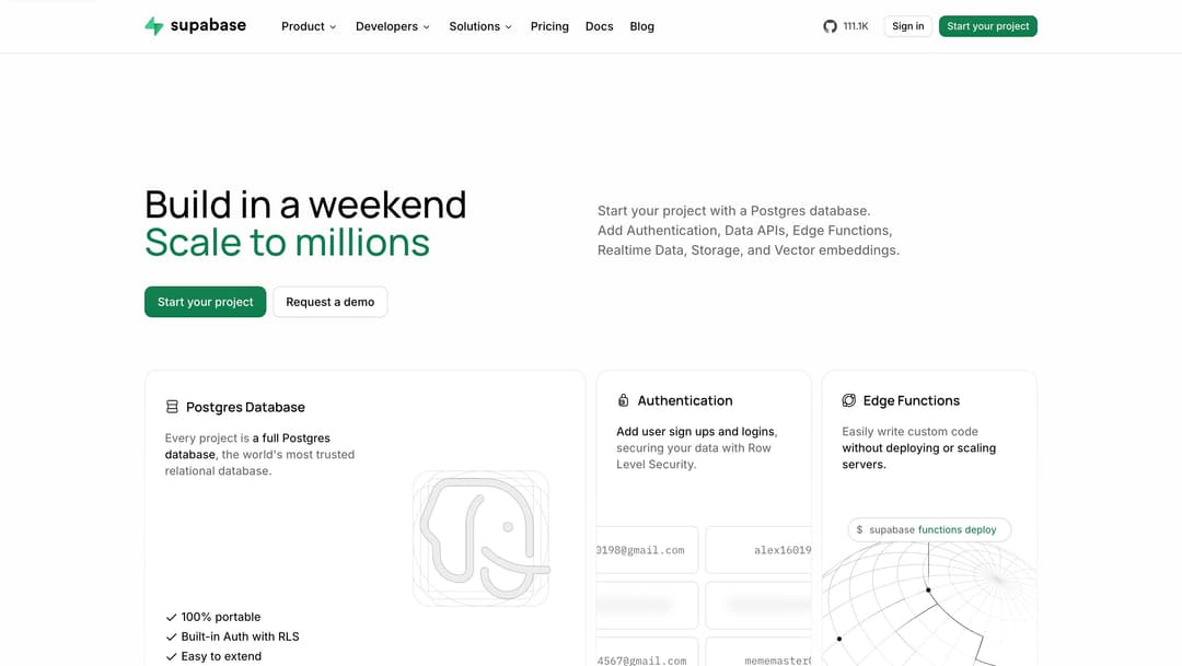 Supabase homepage showing navigation menu, headline "Build in a weekend, Scale to millions," feature cards for Postgres Datab
