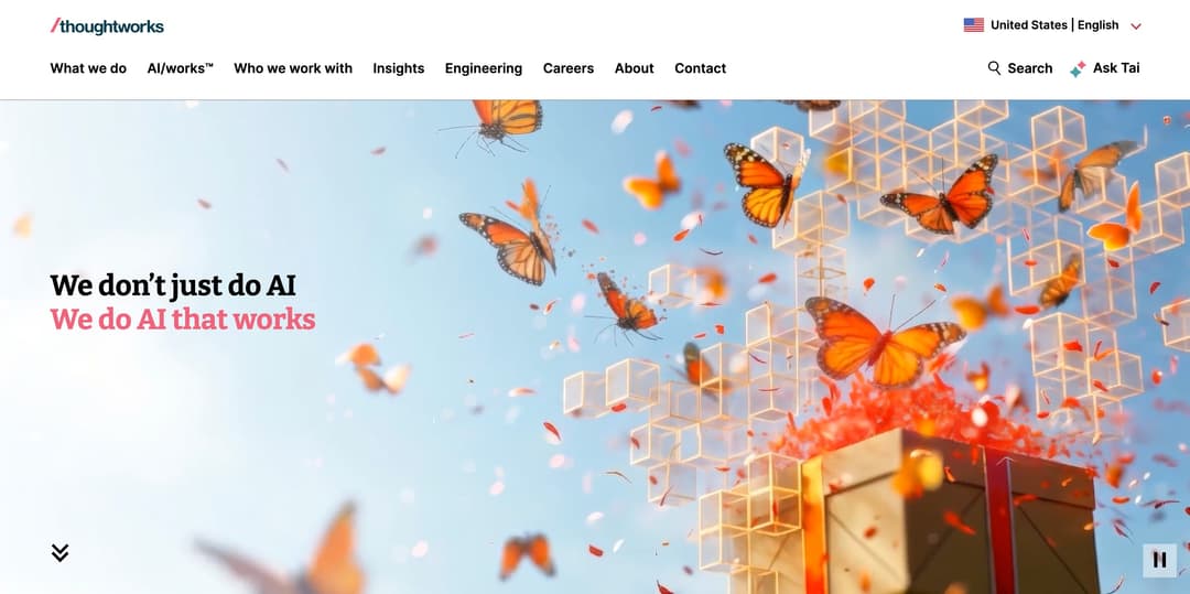 Thoughtworks homepage featuring orange and black monarch butterflies flying against a blue sky with geometric wireframe cubes