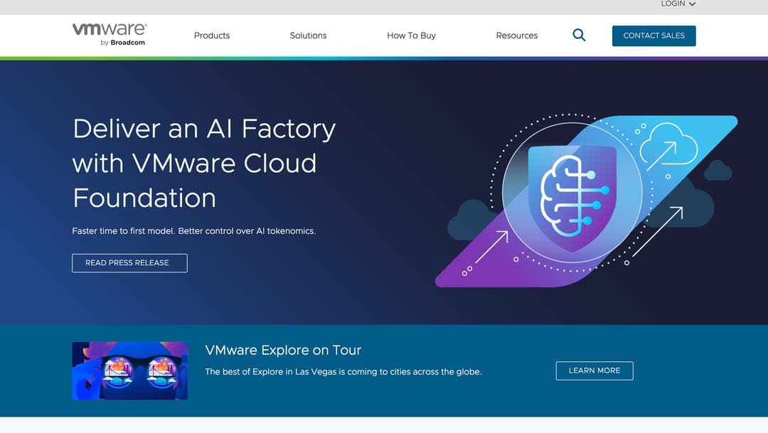 VMware Cloud Foundation AI Factory illustration featuring a glowing brain icon with circuit patterns, surrounded by cloud and