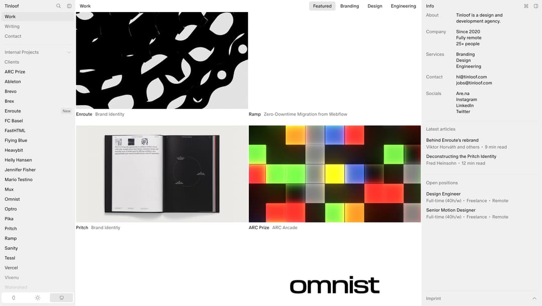 Tinloof design agency portfolio webpage displaying work examples including Enroute brand identity with abstract black and whi