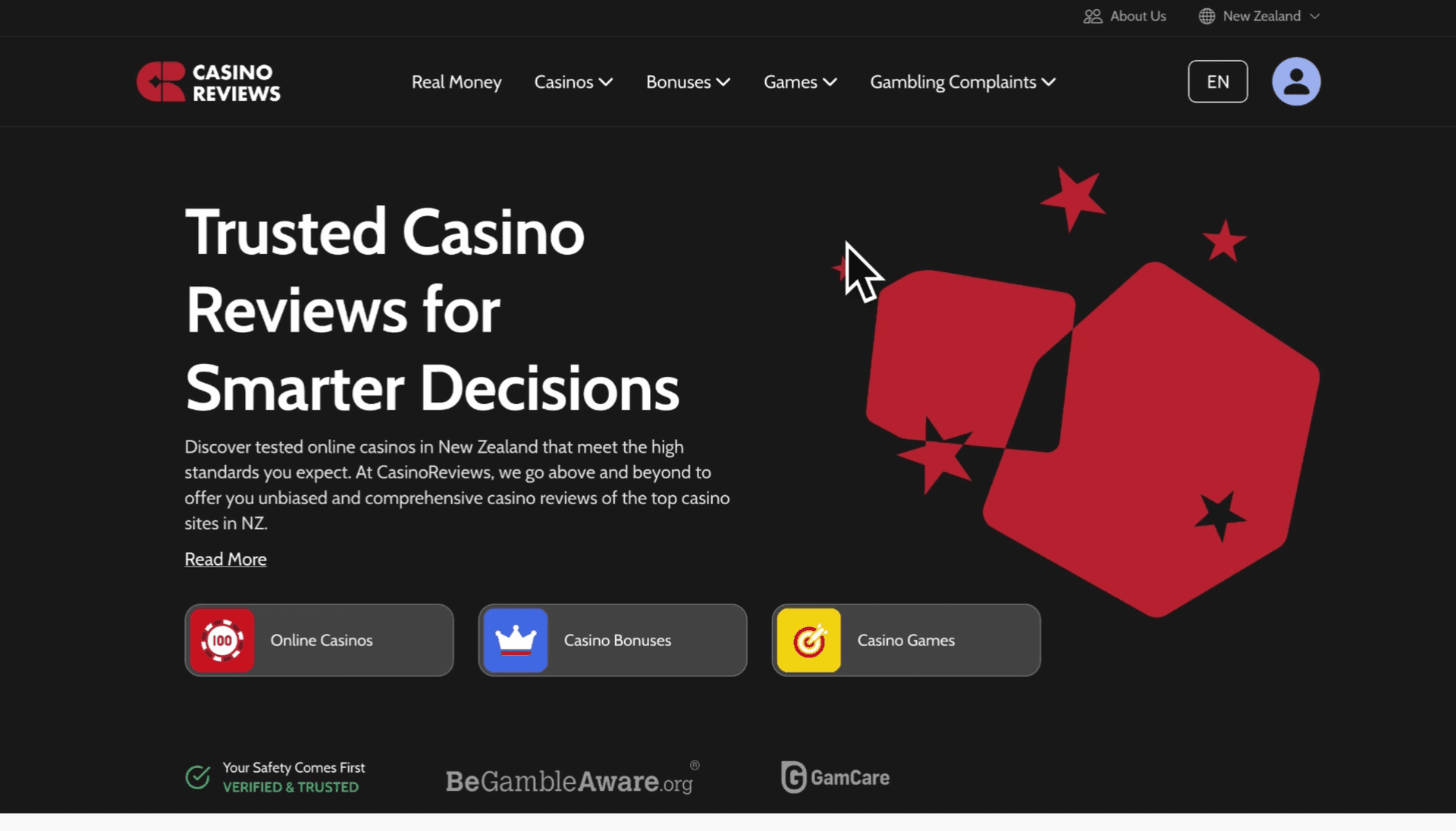 Casino Reviews website homepage with red dice illustration on dark background