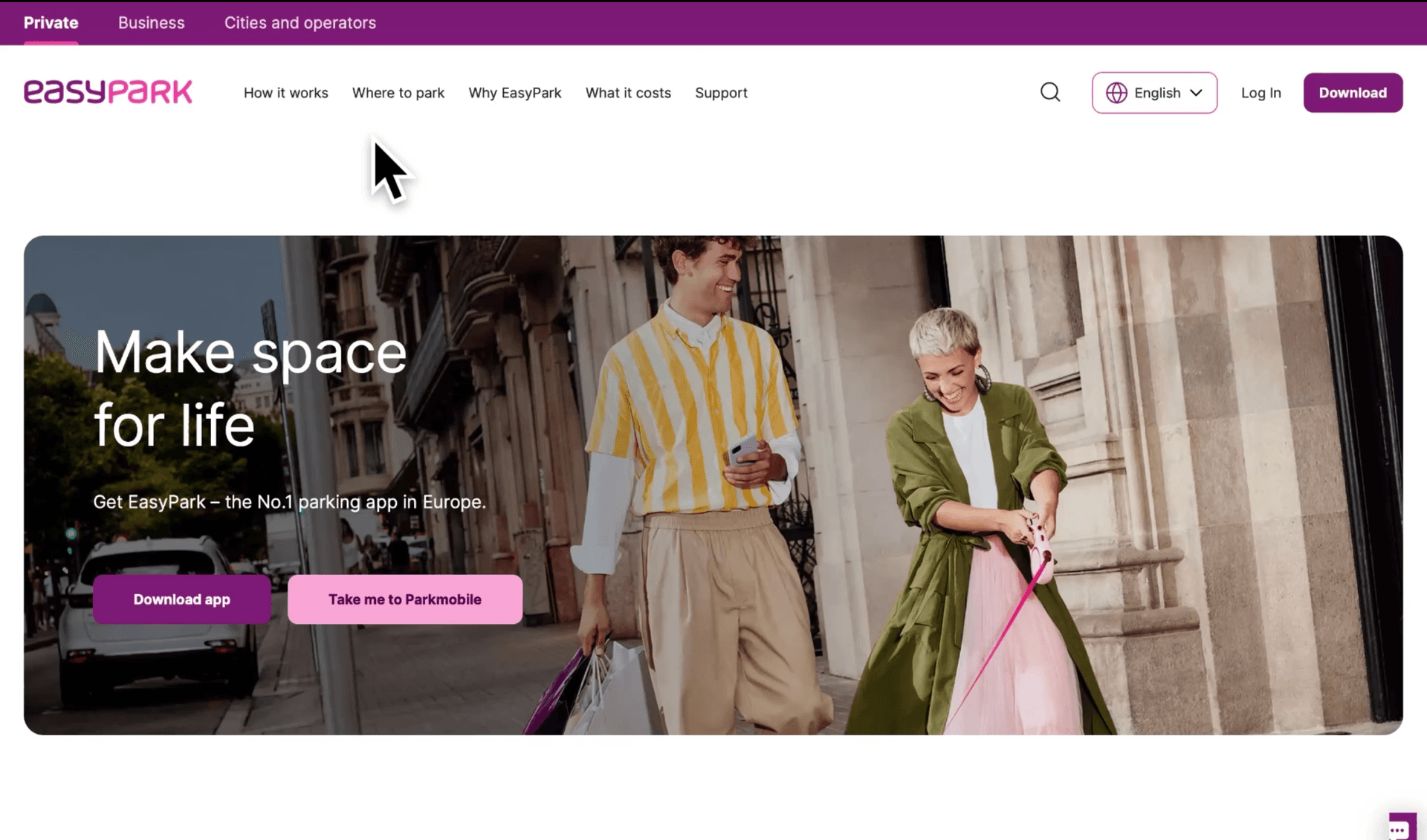 EasyPark homepage with Make space for life tagline and couple walking in city