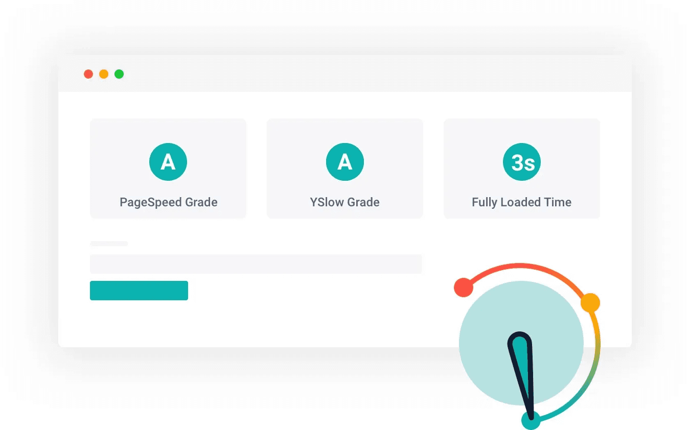 Performance dashboard showing PageSpeed grade A, YSlow grade A, 3s load time