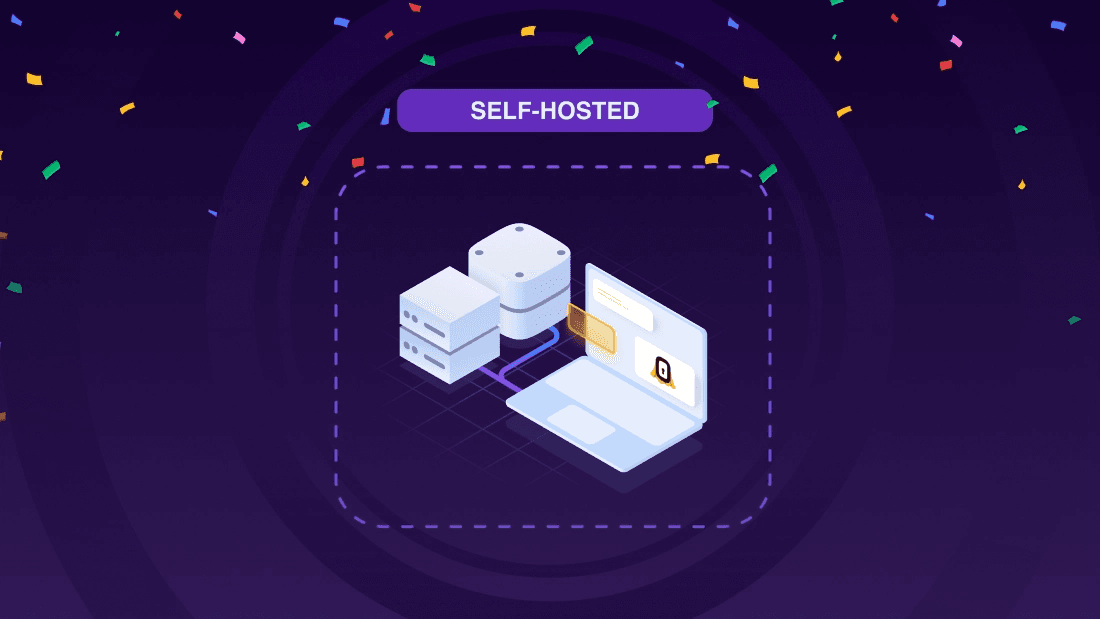 Self-hosted label with isometric server and database illustration on purple