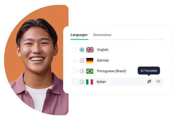 Smiling man with multilingual content UI showing language selection panel