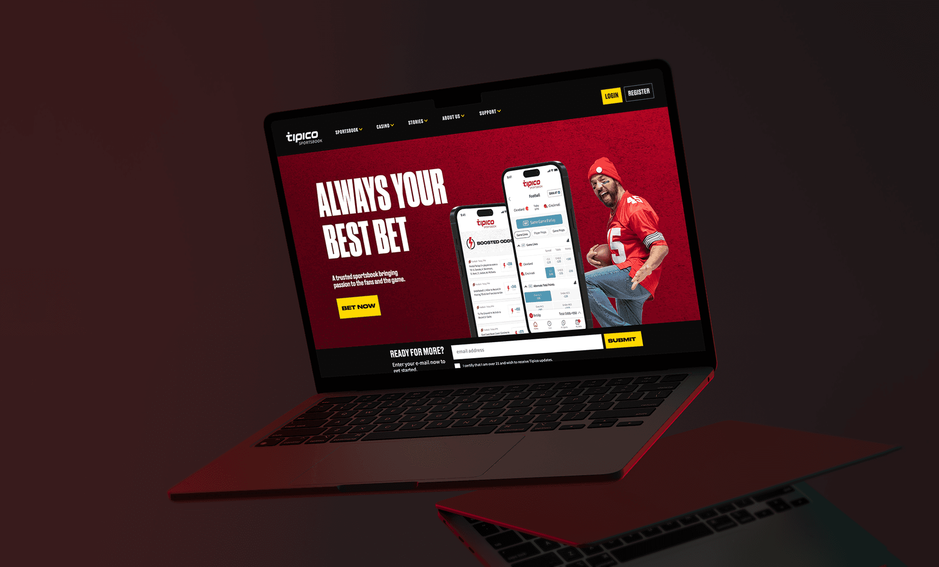 Laptop showing Tipico sports betting website with Always Your Best Bet tagline