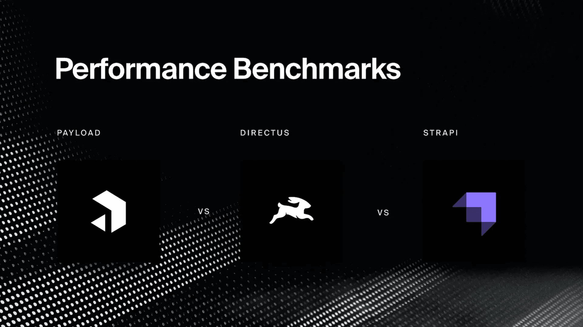 Performance benchmarks comparing Payload, Directus, and Strapi logos