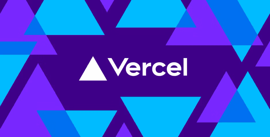 Vercel logo on colorful blue and purple geometric triangle background