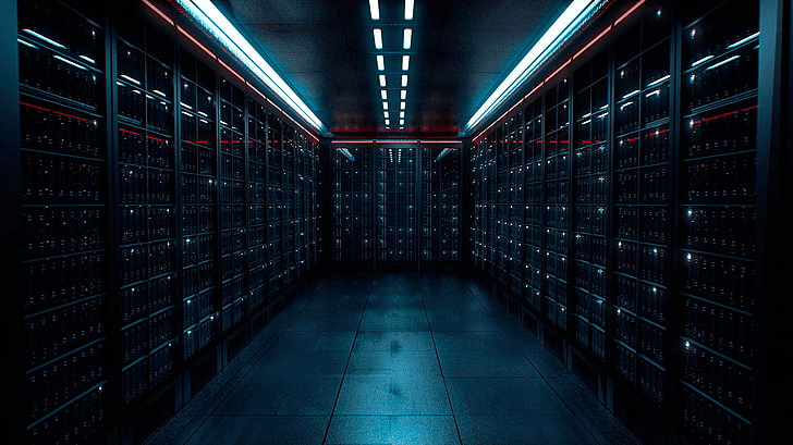 Dark blue-lit data center aisle with illuminated server racks