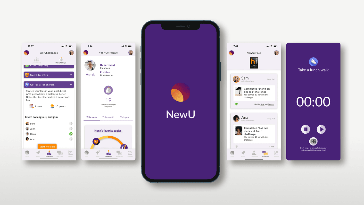 NewU wellness app shown across five mobile phone screens