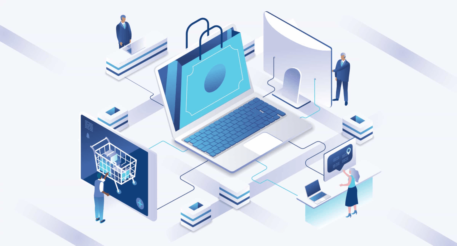 Isometric e-commerce illustration with laptop, shopping bag, and people
