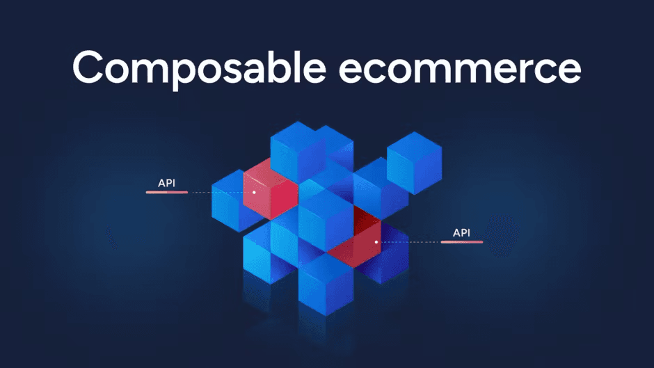 Composable ecommerce diagram with API-connected 3D blocks on dark blue
