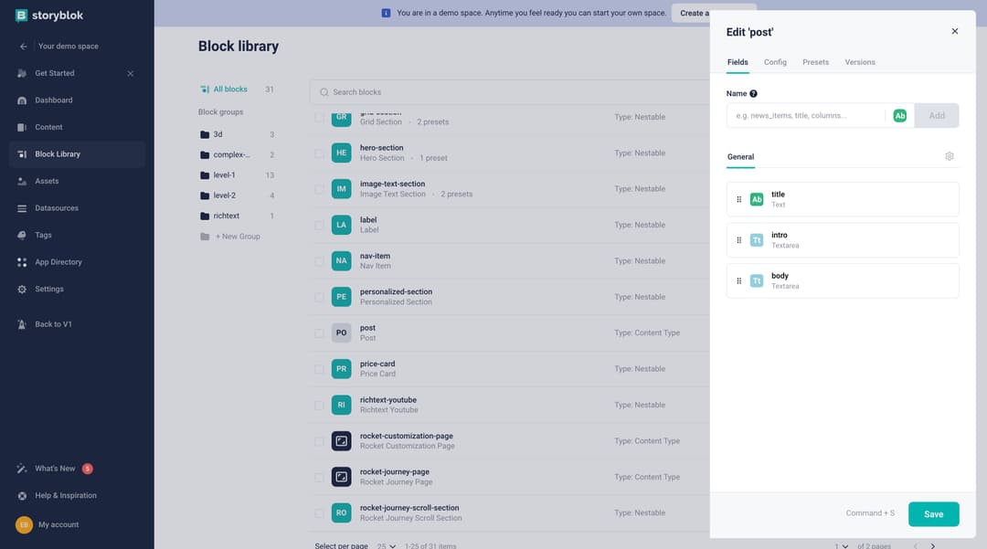Post content type Storyblok interface