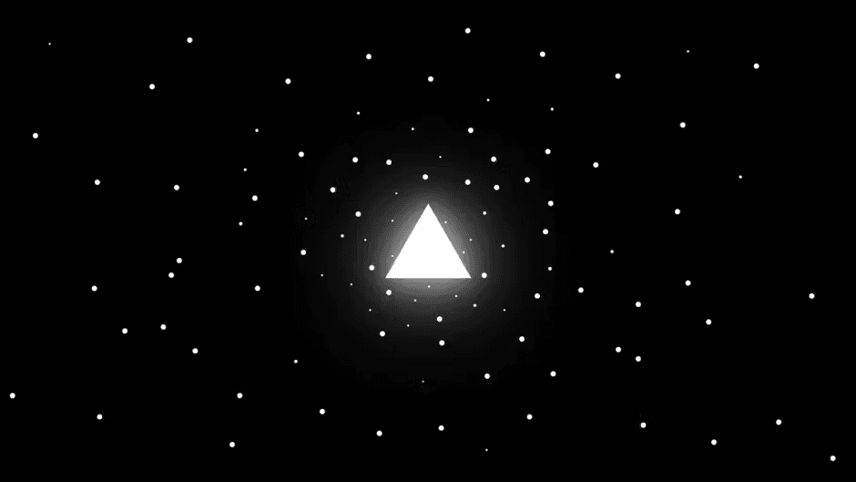 Glowing white triangle surrounded by dots on black starfield background