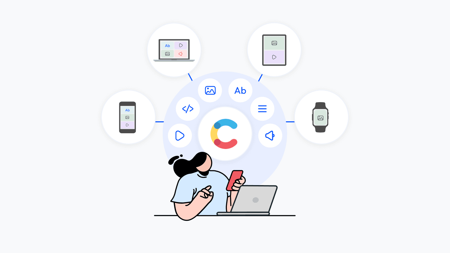 Contentful CMS illustration with person at laptop and multi-device content delivery