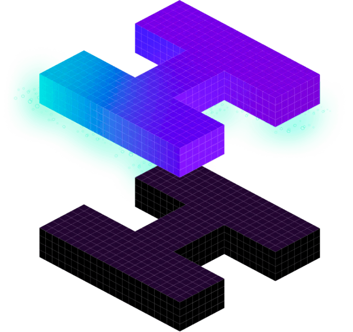 Purple isometric 3D pixel blocks forming an abstract shape